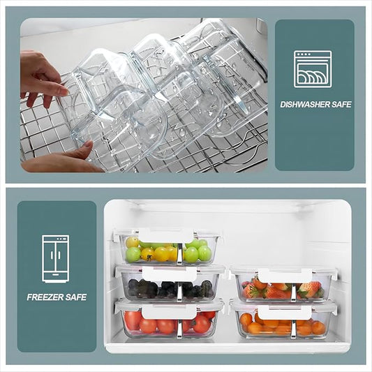 KOMUEE Glass Meal Prep Containers 3 Compartments, 5 Pack 36 oz, Glass Food Storage Containers with Lids, Airtight Lunch Bento Box, Portion Control, Freezer and Microwave Safe, White