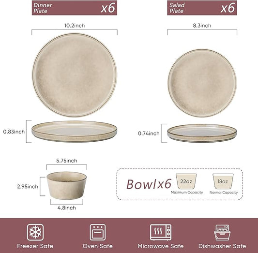 Herogo 18 Pieces Dinnerware Set Service for 6, Dinner Plates and Bowls Sets, Reactive Glaze Stoneware Dishes for Kitchen, Chip and Crack Resistant, Microwave & Dishwasher Safe, Cream Khaki