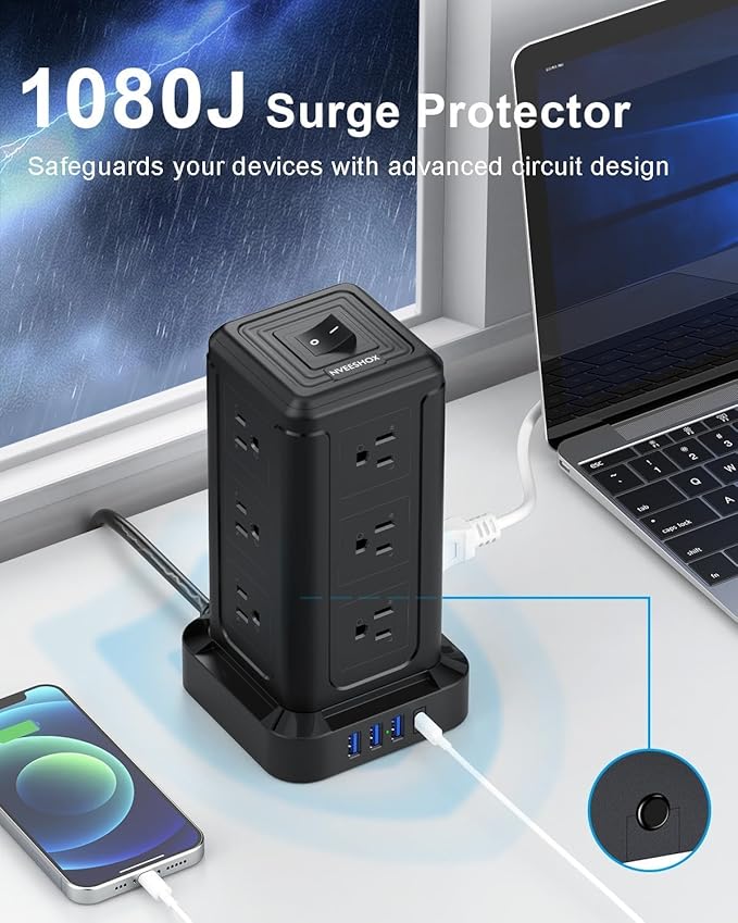 NVEESHOX Surge Protector Power Strip Tower, 10 FT Flat Plug Extension Cord with 12 AC Outlets 4 USB Ports(20W PD Type C), Charging Station with Surge Protection for Family, Office, Dorm