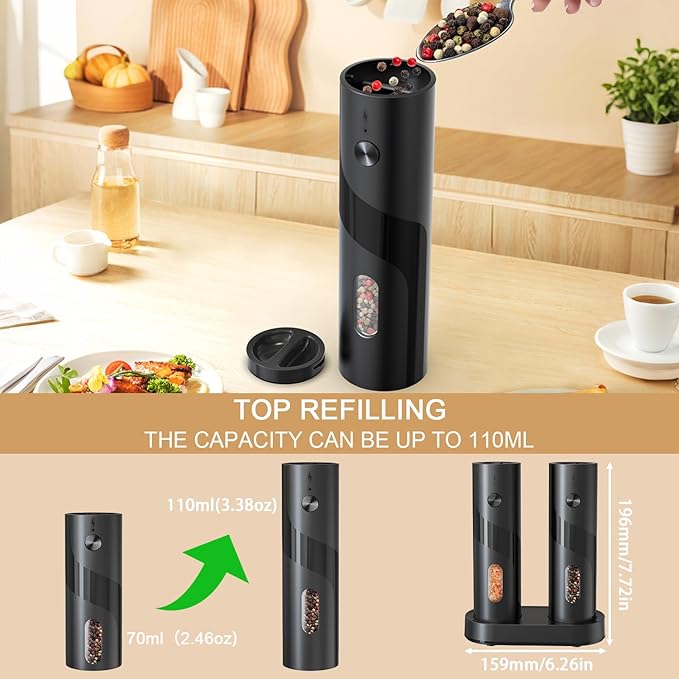 Electric Salt and Pepper Grinder Set with Charging Base,Matte Automatic Pepper Grinder Set Top-Refill, Flexible Coarsenes, 110ml Larger Capacity with LED Light for Home Kitchen (2 pack)