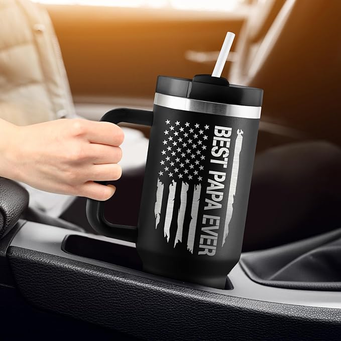 Papa Gifts Birthday Gifts for Papa Grandpa Gift from Grandkids Best Grandpa Birthday Gift 40oz Travel Cup Insulated Tumbler with Handle & Straw