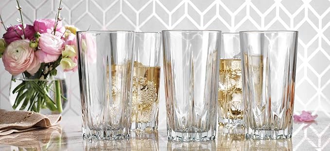 Glaver's Highball Glass Cups. Set of 10 Elegant Diamond Cut Drinking Glasses. Classic 15 oz Bar Glasses. Tall Kitchen Glass for Water, Old Fashioned, Juice, Beer, Cocktails.