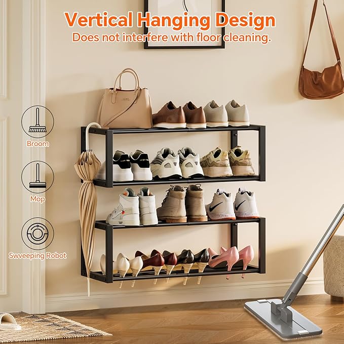 Homeiju Hanging Shoe Organizer,2 Pack Wall Mounted Shoe Rack Holds 12 Pairs,Space Saving Metal Wall Shoe Rack,Hanging Shoe Rack Shoe Holder for Small Space,Entryway,Closet,RV,Camper(Black