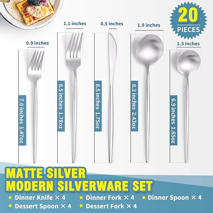 Lemeya Matte Silverware Set for 4,Modern Stainless Steel Brushed Cutlery Set,20-Pieces Heavy Duty Flatware Set,Knives Spoons and Forks Set Utensils Set, Satin Finish, Dishwasher Safe