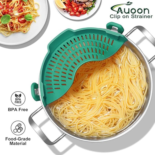 AUOON Oversized Pot Strainer Clip on Silicone - Family-Style Design Pasta Strainer Heat Resistant Kitchen Colander for Spaghetti and Noodles | Dishwasher Safe