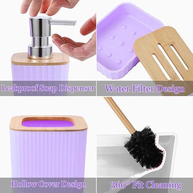 24PCS Bathroom Sets with Shower Curtain and Rugs, Purple Bathroom Accessories Set with Trash Can, Soap Dispenser, Toothbrush Holder and Cup, Purple Bathroom Set for Home Decor