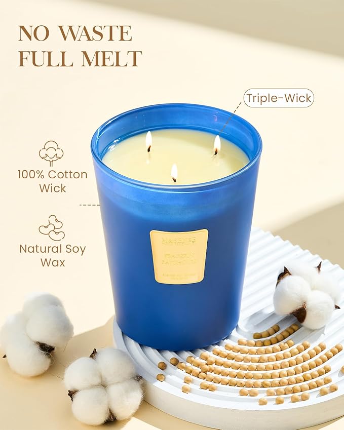 M&SENSE Peaceful Patchouli Scented Candle 35oz 150H Burn Time Long Lasting, 3-Wick Natural Aromatherapy Fall Winter Candle, Home Fragrance Housewarming Festival Gifts