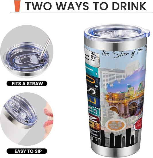 20oz Insulated Tumbler Minnesota State Coffee Mug, United States Map Travel Mug Landmark, Birthday Gifts Cute Custom Tumbler Cups with Lid and Straw Mothers Day Gifts