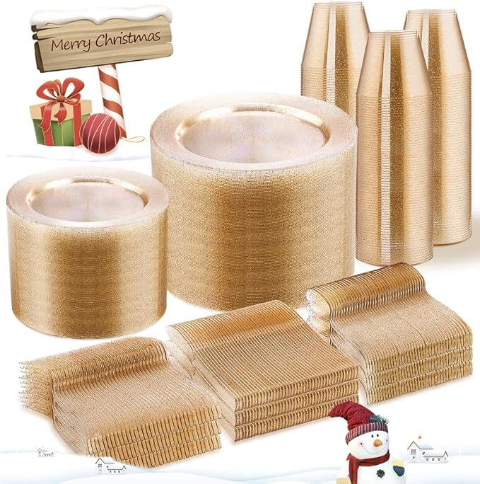WELLIFE 600 PCS Gold Glitter Disposable Dinnerware Set for 100 Guests, Plastic Plates for Party, Including 100 Dinner Plates, 100 Salad Plates,Cups,Silverware Set for Wedding and Party Supplies