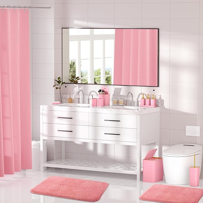 Bathroom Accessory Set - Bathroom Set, 27PC Bathroom Accessories Set, Pink Bathroom Sets with Shower Curtain and Rugs, Mini Trash Can, Toilet Brush, Trash Can & Soap Dispenser