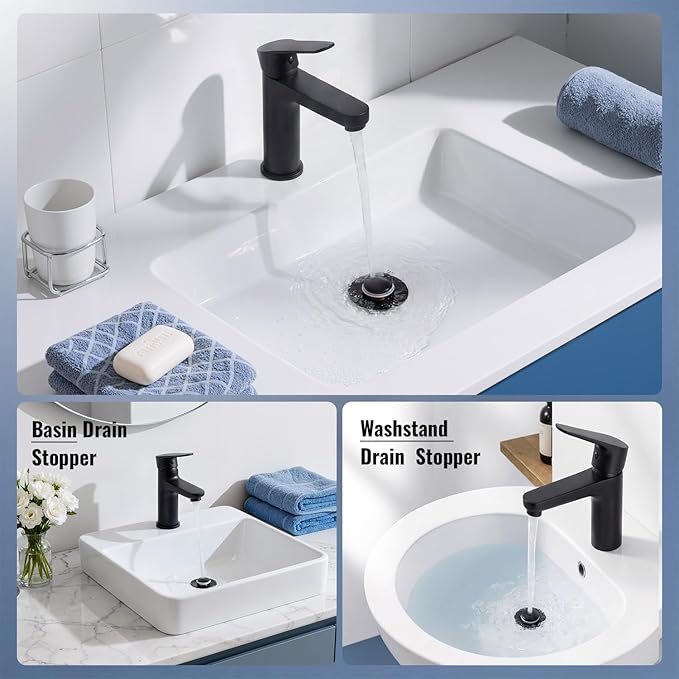 (2 Pc) Bathroom Sink Stopper-All Metal Sink Stopper-Universal Fit 99% Bathroom Stopper with Removable Stainless Steel Hair Catcher- Basin (1.1'' to 2.36'' inch) - Black