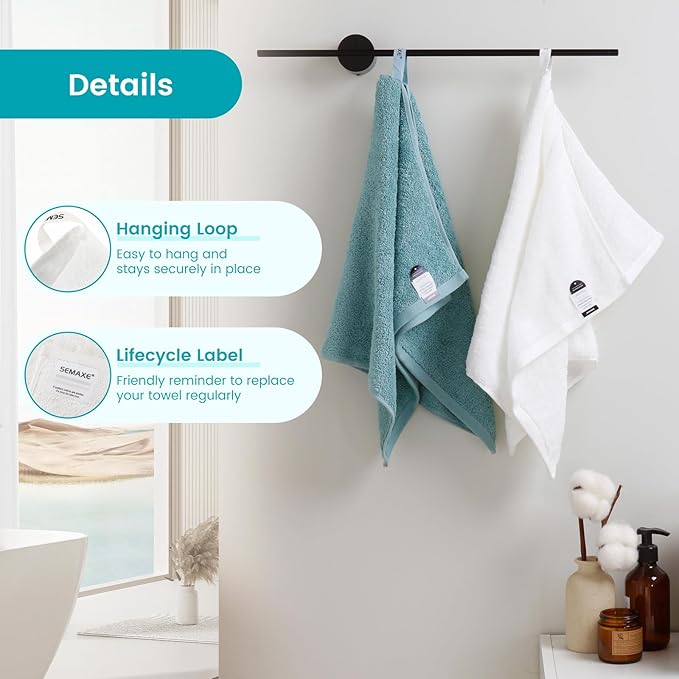 SEMAXE 12-Piece Family Bathroom Towel Set - 100% Cotton, 4 Bath Towels, 4 Hand Towels, 4 Washcloths, Ultra-Soft and Super Absorbent, Lighter Weight