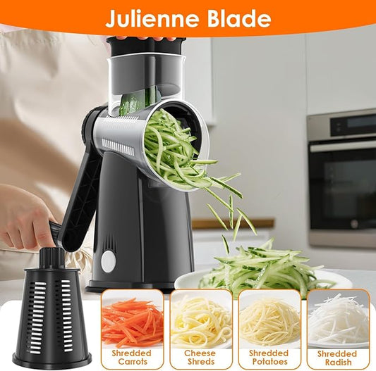 5 Blade Rotary Cheese Grater and Vegetable Chopper with Storage Box and Hand Crank, Compact Shredder for Cheeses, Veggies, Nuts - Easy to Use, Non-slip Suction Base,Black