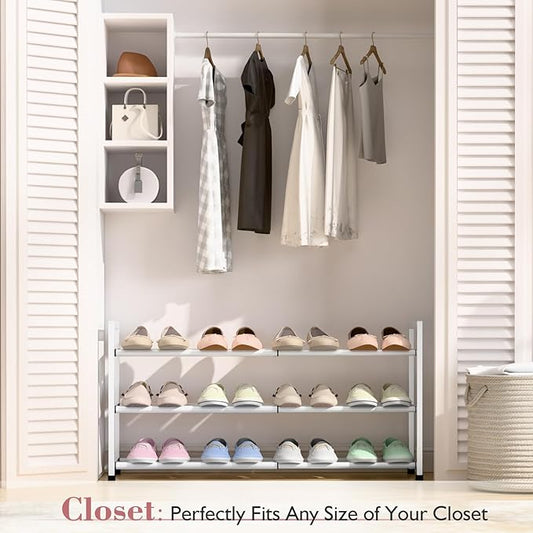 Bumusty 3-Tier Expandable Shoe Rack for Closet, 18“-33” Adjustable Shoe Rack for Small Space, Small Shoe Organizer for Front Door, Sturdy Metal, White