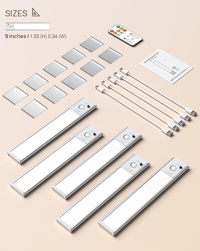 Under Cabinet Lighting Wireless, Rechargeable 180 Lumen Motion Sensor Indoor Light, 3 Color Dimmable Closet Lights with Remote Control, Under Counter Light for Kitchen, Stairs, Wardrobe, 5 Pack