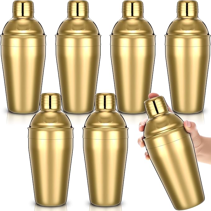 Nitial 6 Pcs Bar Cocktail Shaker Professional Stainless Steel Martini Drink Mixer Built-in Strainer for Bartending No Leaks Shaker for Bar Party Drink Mixer (Gold,18.6 oz)