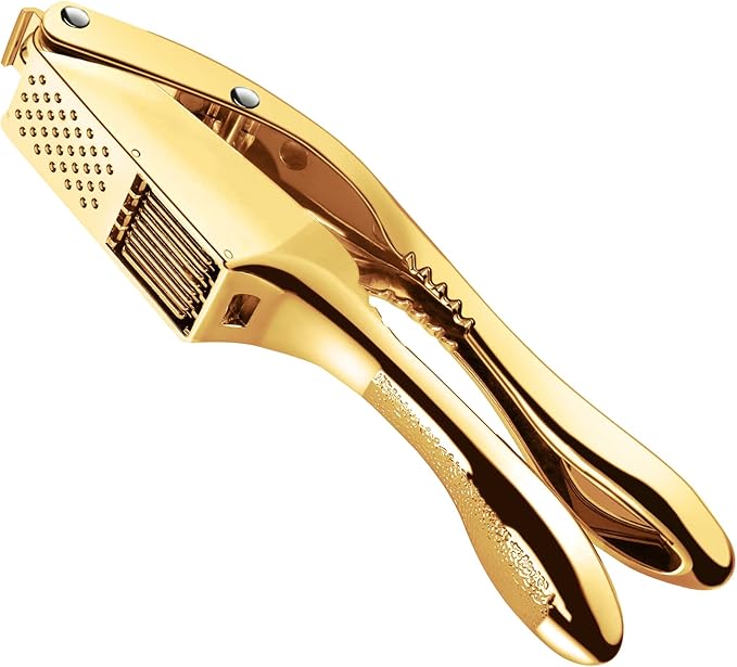 Garlic press and slicer 2 in 1,Effortlessly Crush, Slice, and Mince Garlic,with this Versatile Kitchen Tool - Perfect for Home Cooks and Professional Chefs Alike. (Golden)