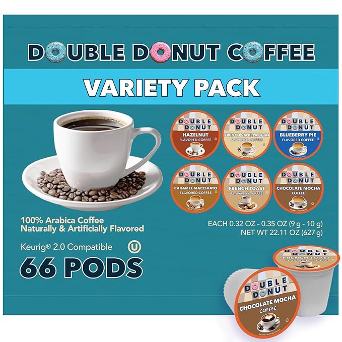 Double Donut Coffee Variety Pack Assorted Medium Roast, Dark Roast & Flavored Coffee in Recyclable Single Serve Cup, 66 Count