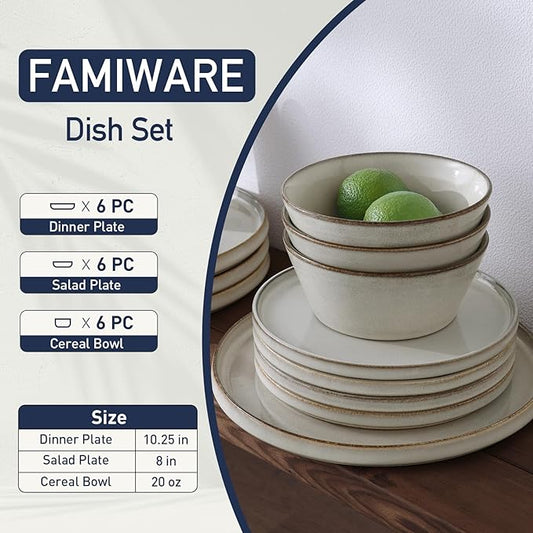 Famiware Annecy Dinner Plates and Bowls Sets, Stoneware Dinnerware Sets, Dishes Set for 6, 18 Pieces Handmade Dishware Set - Microwave & Dishwasher Safe, Double Reactive Glaze Tableware, Grey-White