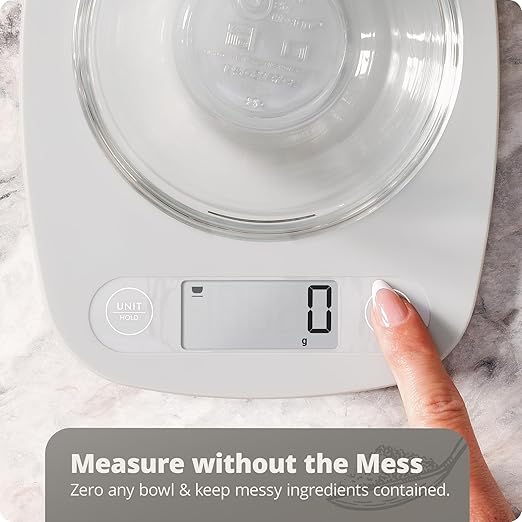 Greater Goods Slim Digital Kitchen Scale 11lb/5kg – Compact Food Scale with 1g Increments for Everyday Cooking, Baking & Meal-Prep, Lightweight Plastic Design, Non-Backlit Display, Battery Included