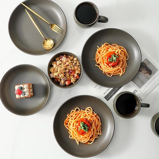 Dinnerware Sets, Stoneware Plates and Bowls Sets, Farmhouse 12 Piece Dish Set for 4, Ceramic Plates Set for Kitchen, Scratch Resistant, Dishwasher & Microwave Safe, Matte Black