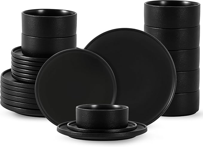 24 Piece Ceramic Dinnerware Set for 8, Modern Minimalist Stoneware Dinner Plates and Bowls, Microwave Safe, Dishwasher Safe, Versatile for All Seasons, Matte Black