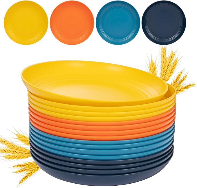 Supernal Wheat Straw Dinner Plates Reusable &Durable Plastic Plates Plastic Dinnerware 16-Pack (4 Orange, 4 Yellow, 4 Blue, 4 Dark Blue), Perfect for Dinner,Party,Outdoor Use