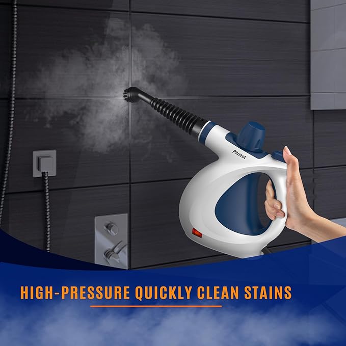 Pressurized Handheld Multi-Surface Natural Steam Cleaner with 12 pcs Accessories, Multi-Purpose Steamer for Home Use, Steamer for Cleaning Floor, Upholstery, Grout and Car (White&Blue)