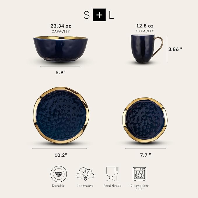 Stone Lain Porcelain 16 Piece Dinnerware Set, Service for 4, Blue and Golden Rim, Dark Blue