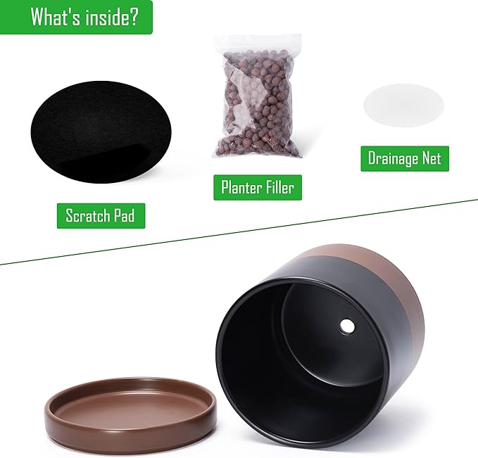 D'vine Dev 6.5 Inch & 8.2 Inch Ceramic Planter Pots for Plants with Drainage Hole and Saucer, Medium Plant Pots Set, Black/Speckled Tan, 94-G-M-7