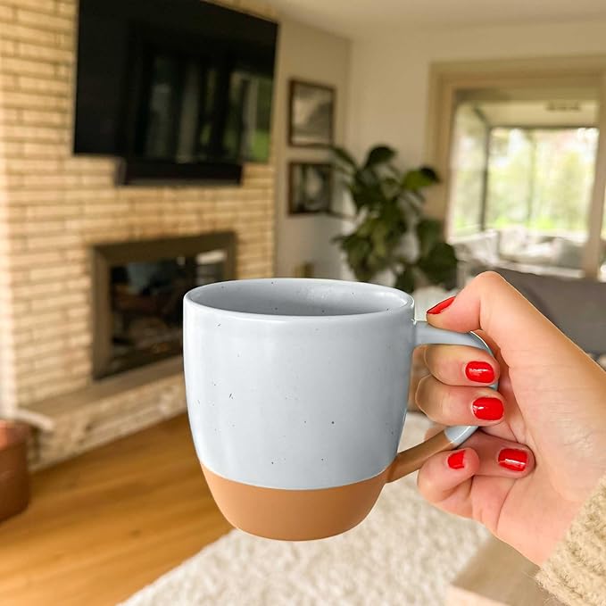 Mora Ceramic Artisan Matte Large Latte Mug Set of 4, 16oz - Microwavable, Porcelain Coffee Cups With Big Handle - Modern, Boho, Unique Style For Any Kitchen. Microwave Safe Stoneware - Marina Colors