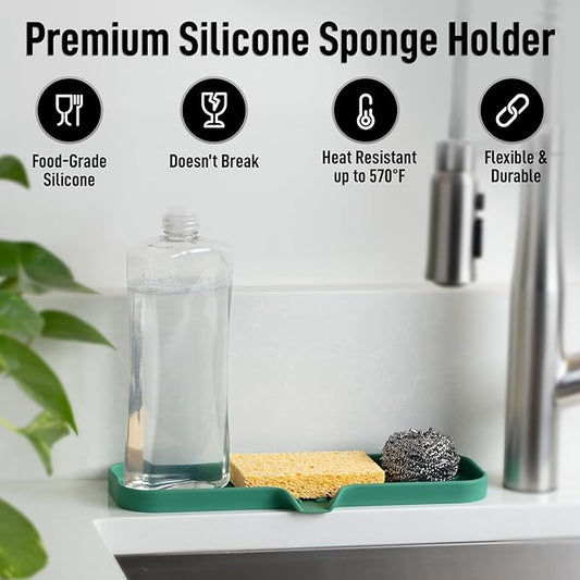 Zulay Kitchen Large Silicone Sponge Holder (12x4) β Flexible Sink Organizer Tray for Kitchen & Bathroom β Multipurpose Soap Dish for Sponges, Makeup, Trinkets & More (Pine Green)