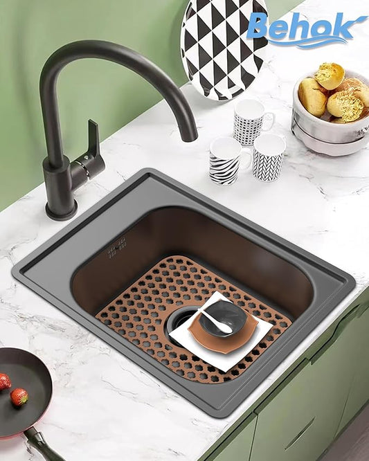2 Pack Silicone Sink Protector for Kitchen Sink Bathroom, 13.58"x 11.6" Heat-resistant Sinks Mat, Non-Slip and Durable Sinks Protectors Silicone, Center Drain (Coffee)