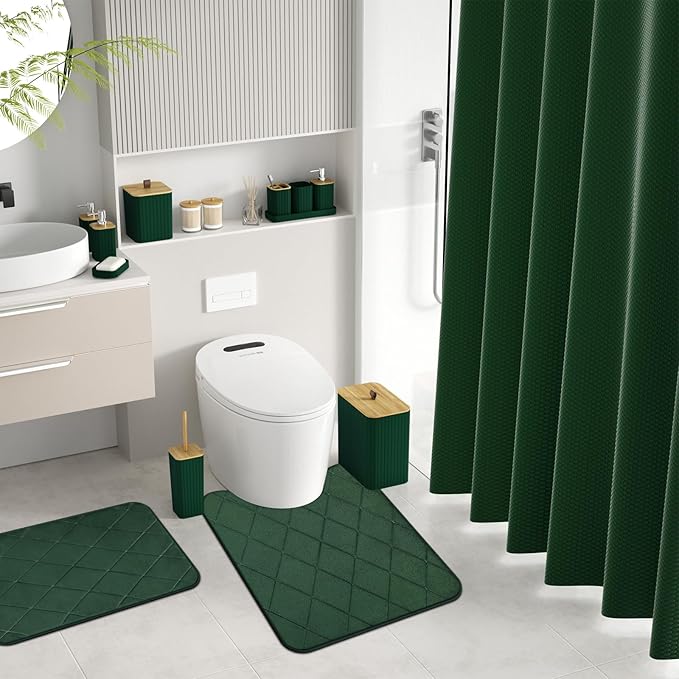 Bathroom Accessory Set - Dark Green Bathroom Set, 27PC Bathroom Accessories Set, Bathroom Sets with Shower Curtain and Rugs, Mini Trash Can, Toilet Brush, Trash Can & Soap Dispenser