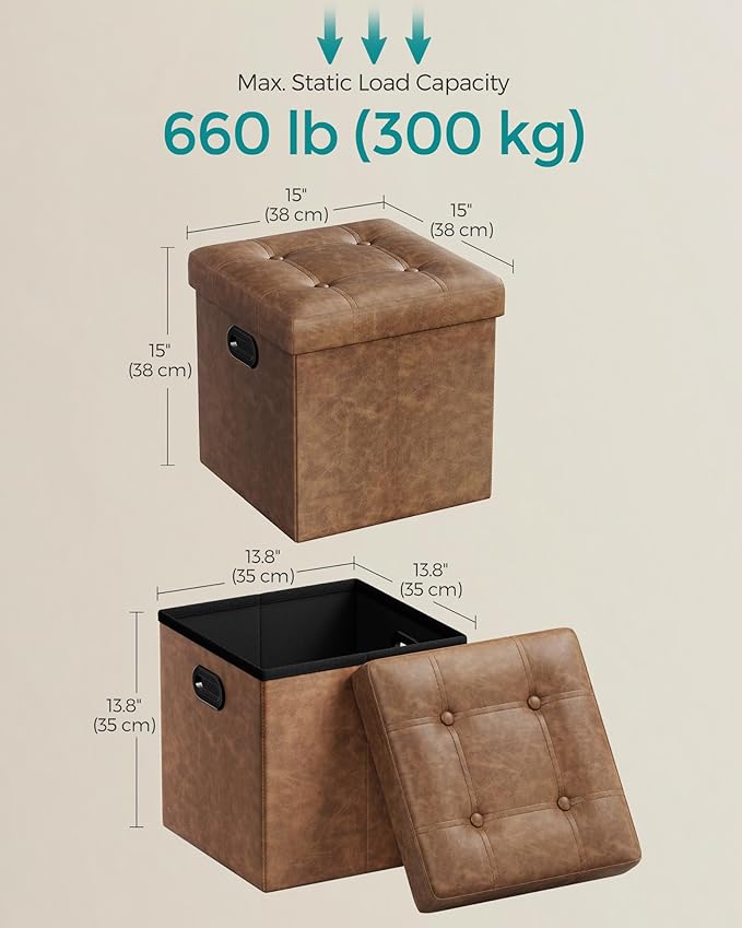 SONGMICS Mazie Collection - 15 Inches Ottoman with Storage, Footstool, Storage Ottoman with Metal Handles, Load 660 lb, for Dorm, Living Room, Bedroom, Synthetic Leather, Coffee Brown ULSF030K01