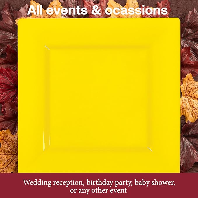Smarty Had A Party 120 Disposable Plastic Dessert Plates, 6.5" Heavy Duty Square Yellow Salad Plates for Appetizers, Cakes, and Parties, Bulk Supplies for All Occasions