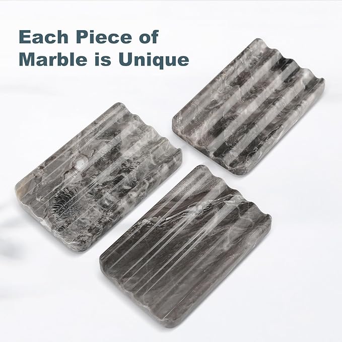 Marble Soap Dish, Bar Soap Holder Shower, Brown Soaps Saver with Water Ripple Design, Easy Cleaning Stone Sponge Holder for Kitchen Sink,Bathroom, Executive Natural Stone Soap Tray