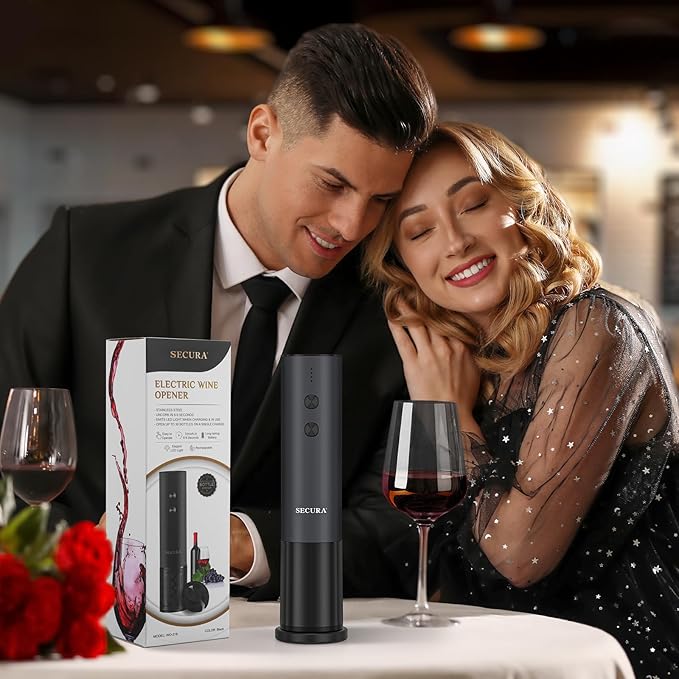 Secura Stainless Steel Electric Wine Opener, Rechargeable Automatic Home Wine Bottle Opener with Foil Cutter & Charging Cable, Reusable Corkscrew Wine Opener Electric for Wine Lovers, Black