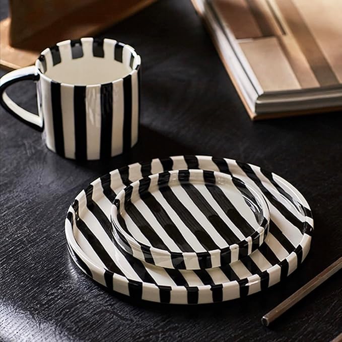 8Oz Stylish Handmade Vertical Striped Coffee Mug Espresso Cups With Saucer, Hand painted Esthetical Ceramic Cappuccino Mugs, Glazed Tea/Coffee Cup, Microwave safe Latte art mug (Black)