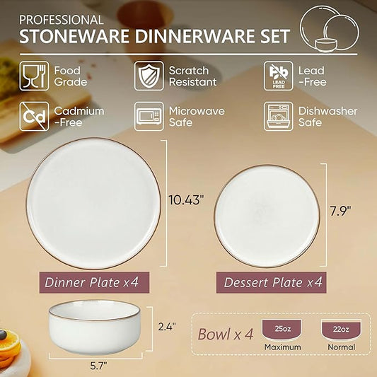 Herogo Plates and Bowls Sets for 4, 12 Pieces Stoneware Dinnerware Sets, Double Reactive Glaze, Microwave & Dishwasher Safe, Scratch Resistant, Ivory White