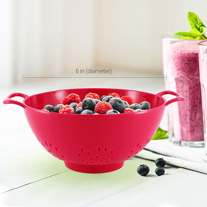 Meadow Lane 6-inch Small Colander, BPA-Free, Dishwasher Safe, Double Handles, Compact Food Strainer for Berries, Veggies and Pasta, 3-Cup Capacity, Cardinal Red