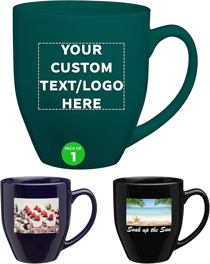 Custom Large Coffee Cups 16 oz. Set of 1, Personalized Bulk Pack - Perfect for Tea, Espresso, Cappuccino, Hot Cocoa - Green