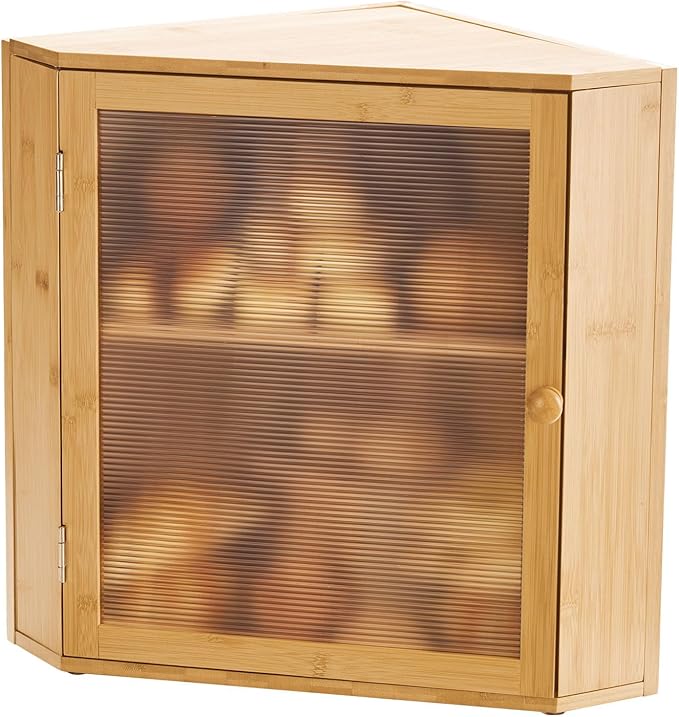 VEVOR Corner Bread Box for Kitchen Counter, Double Layer Large Capacity Bamboo Bread Storage Container, Farmhouse Wooden Breadbox for Homemade Bread, Storage Holder Bin with Acrylic Wavy Door, Natural