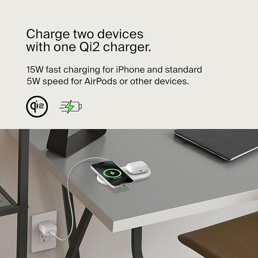Belkin 2-in-1 Wireless Charging Pad w/ Qi2 15W + Additional USB-C Port - MagSafe-Compatible Charger, Charging Station for iPhone 16 & 15 Series, Samsung Galaxy S25 Series, AirPods, & More - White