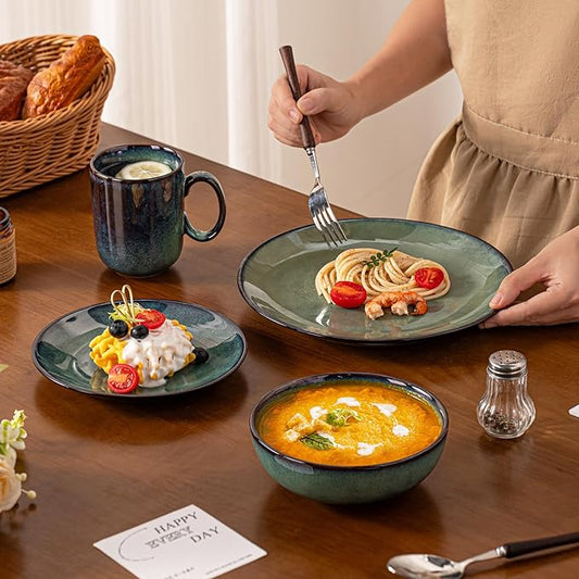 8 Piece Dinnerware Sets for 2, Scratch Resistant,microwave oven and Dishwasher Safe Plates and Bowls Sets Ceramic, Dish Set, Bowl and Plate Set -Kiln turns foggy green