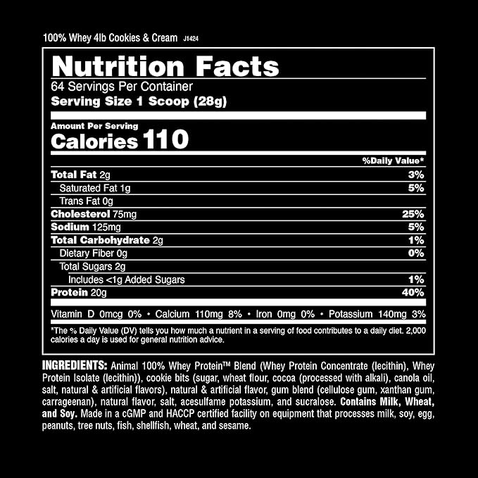 Animal 100% Whey Protein Powder – Whey Blend for Pre Workout or Post Workout, Recovery, Anytime Low Sugar Protein Boost Meal Replacement with BCAA Branched Chain Amino Acids – Cookies & Cream, 4 lb