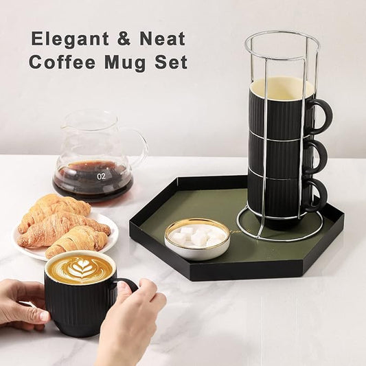 Hasense Black Coffee Mug Porcelain Set of 4 with Rack - 12 oz Stackable Coffee Cups Ceramic, Modern Ribbed Latte Cup Sets for Cappuccino, Tea, Espresso, Hot Cocoa, Drinks - Dishwasher & Microwave Safe