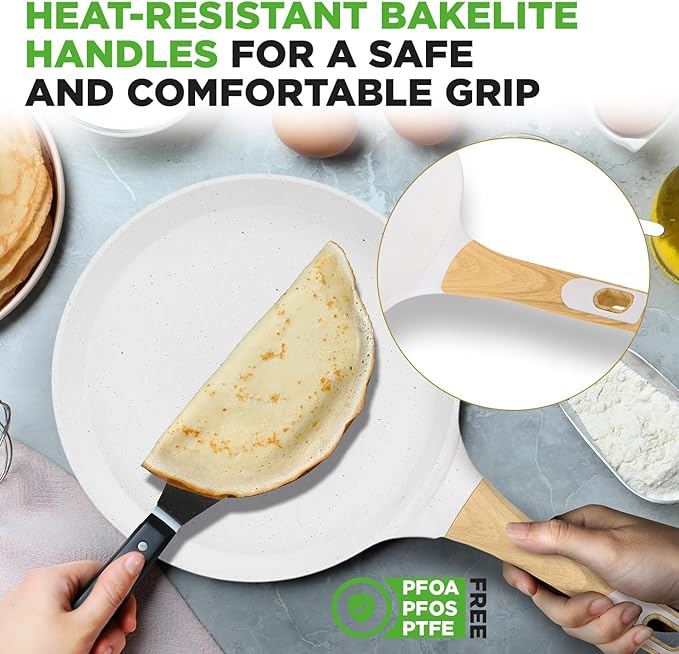 NutriChef 9.45” Non-Stick Crepe Pan with Wooden Spreader, Durable Marble Coated Dosa Pan, Bakelite Handle and Induction Bottom, PFOA/PFOS Free, Dishwasher Safe, Even Heat Distribution (White Cream)