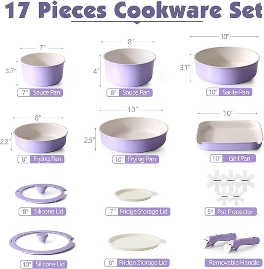 SENSARTE 17 Piece Ceramic Pots and Pans Set, Nonstick Detachable Handle Cookware, Induction Kitchen Cookware Set with Removable Handle, Dishwasher & Oven Safe (Purple)