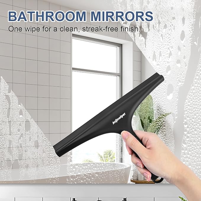 All-Purpose Shower Squeegee for Glass Doors with Hook, Silicone Squeegee for Shower Glass, Shower Doors, Windows, Bathroom, Mirrors and Tiles(10 inch, Black)